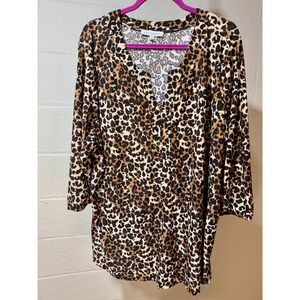 Emily Daniels Leopard Print Blouse Long Sleeve V Neck Sparkle Plus Size 2X Tunic